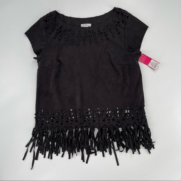 Tops - Black Suede Fringe Detailed Top